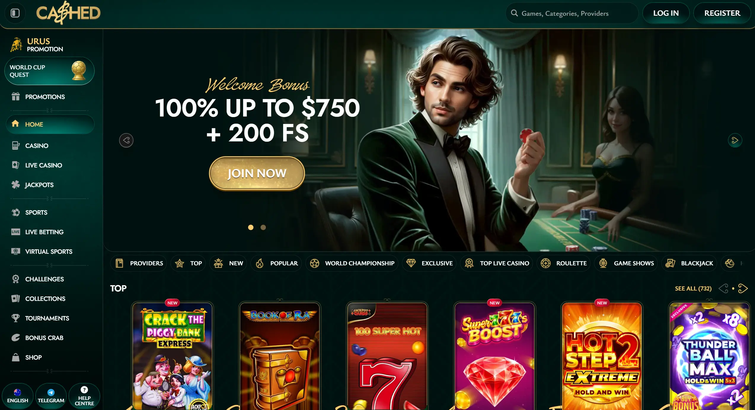 Cashed Casino frontpage featuring welcome bonus offer, selection of top online pokies and site navigation